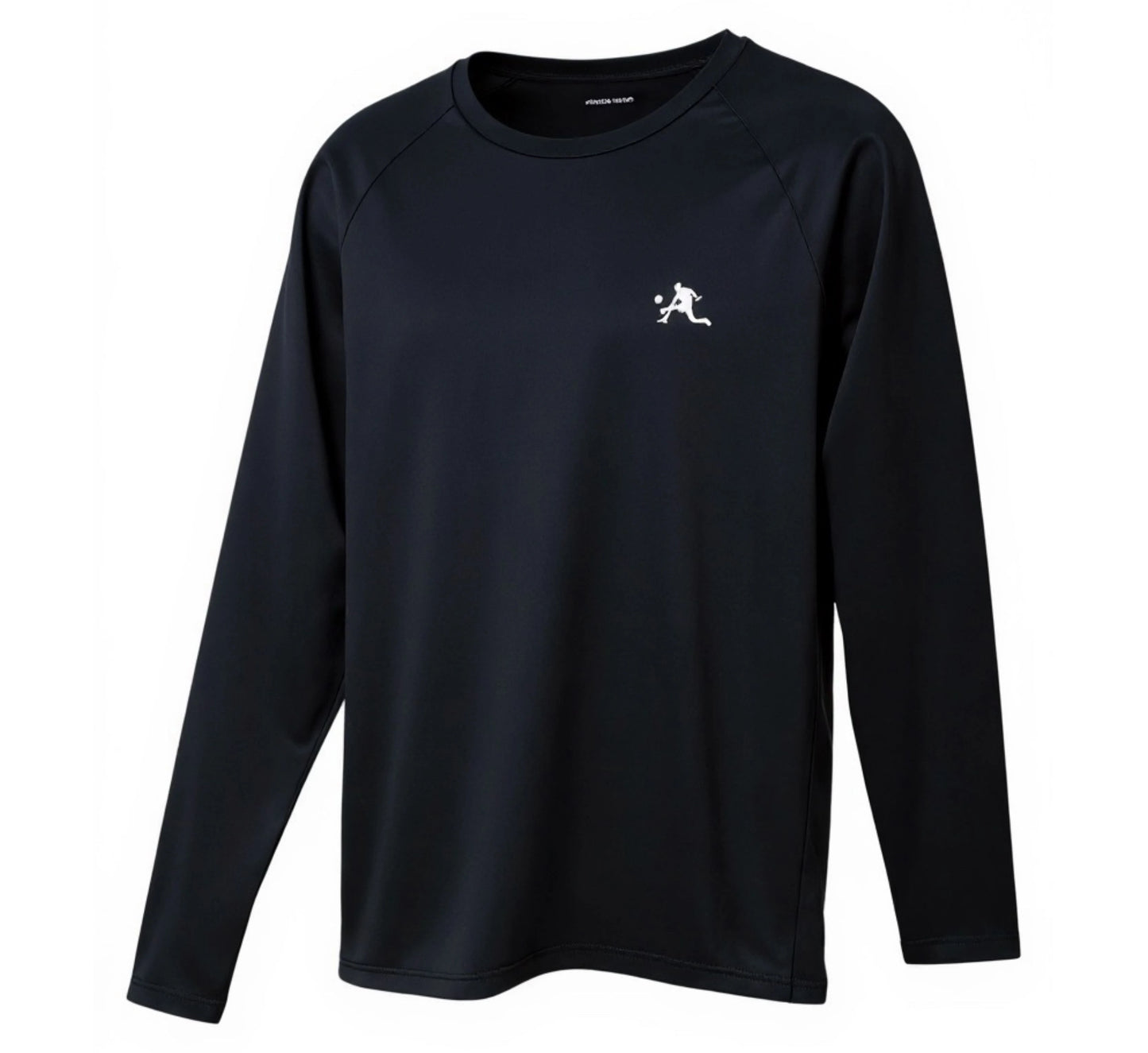 Black long-sleeve shirt with a white logo on a white background