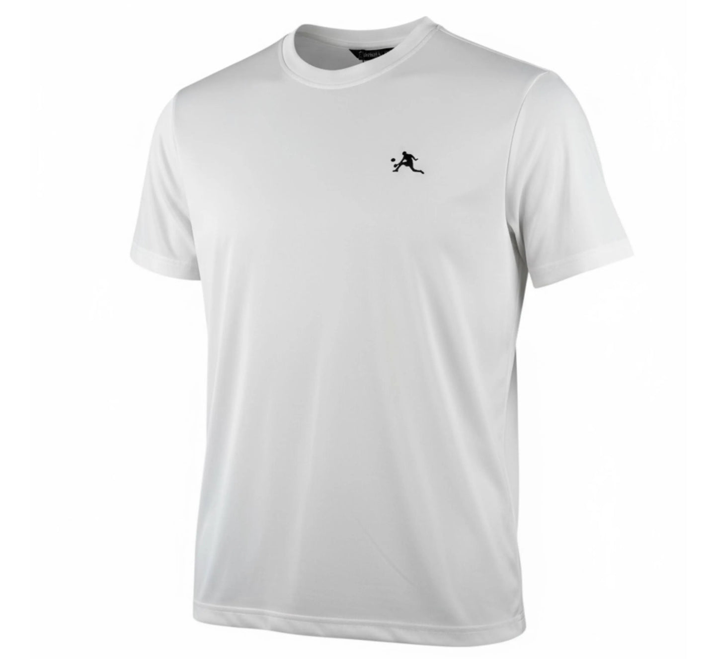 White t-shirt with a black logo on a white background