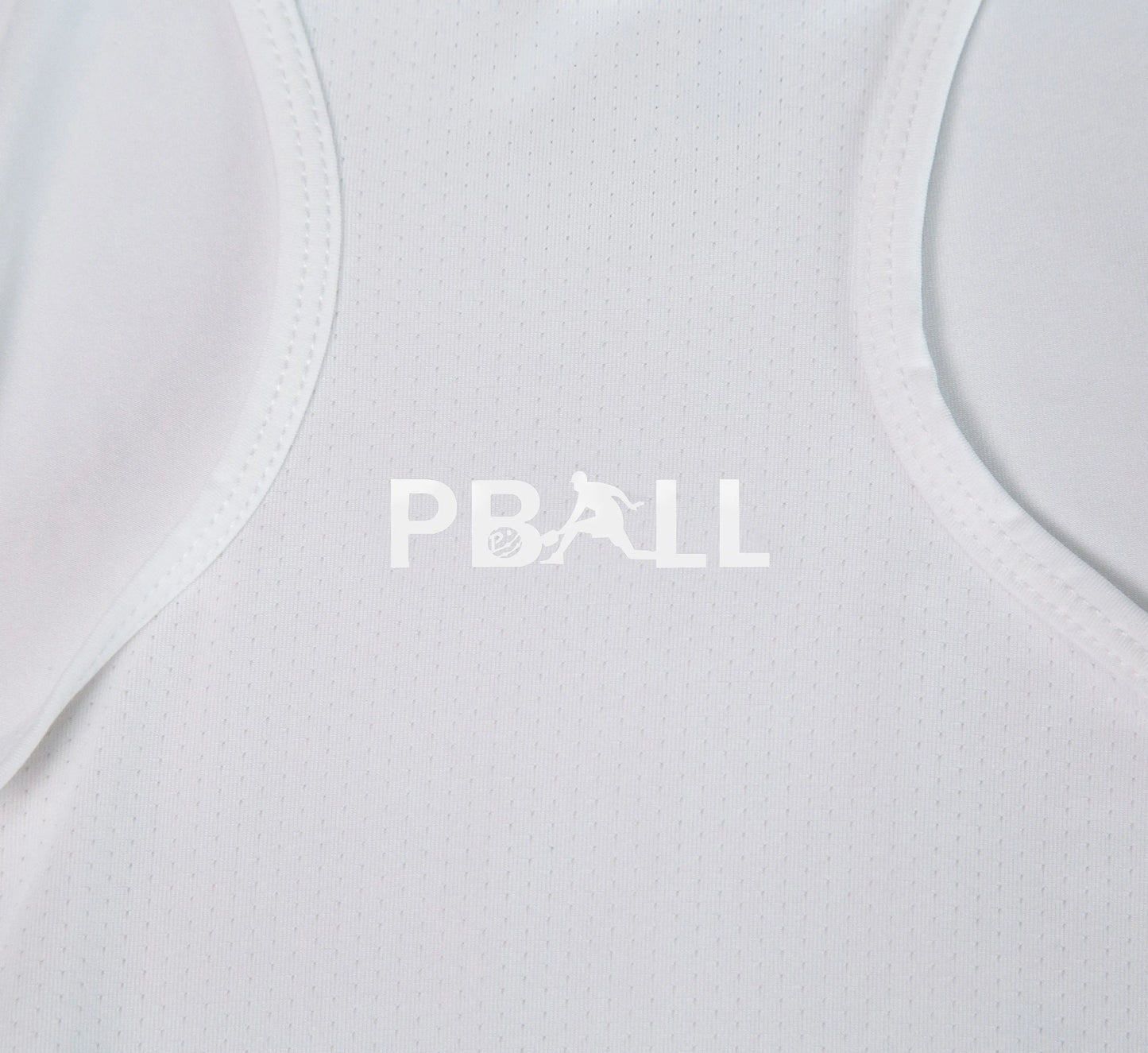 White tank top with PBALL logo on a white background Blanc