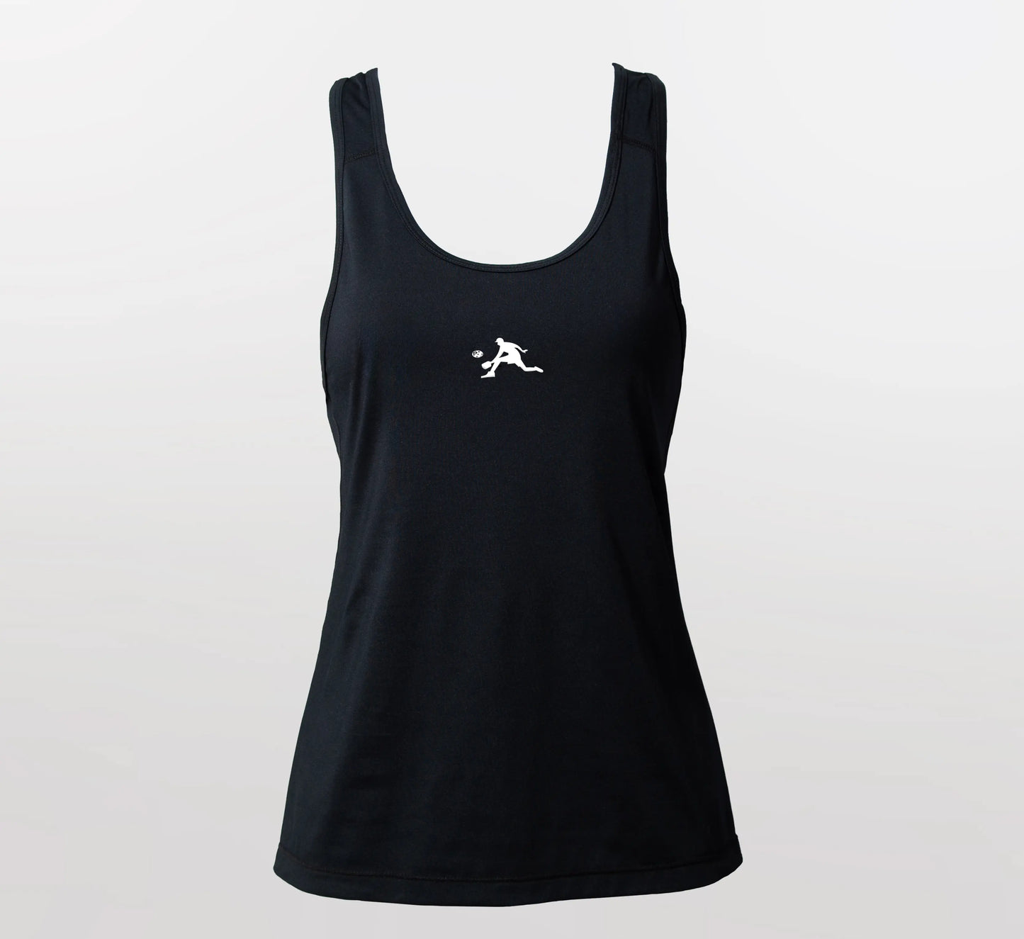 Black tank top with a white logo on a light gray background Noir