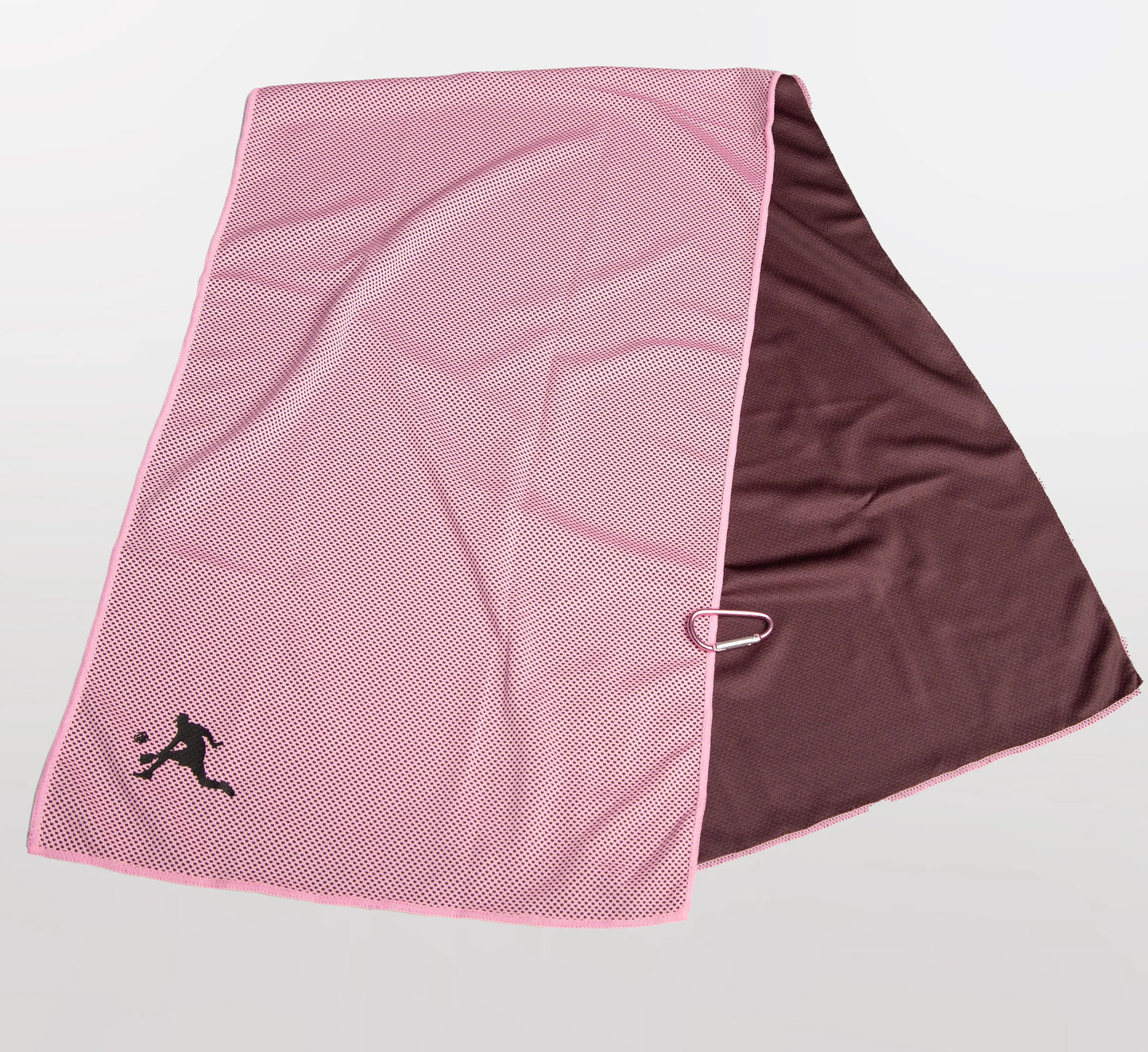 Pink towel with a black silhouette of a person playing pickleball on a white background Rose
