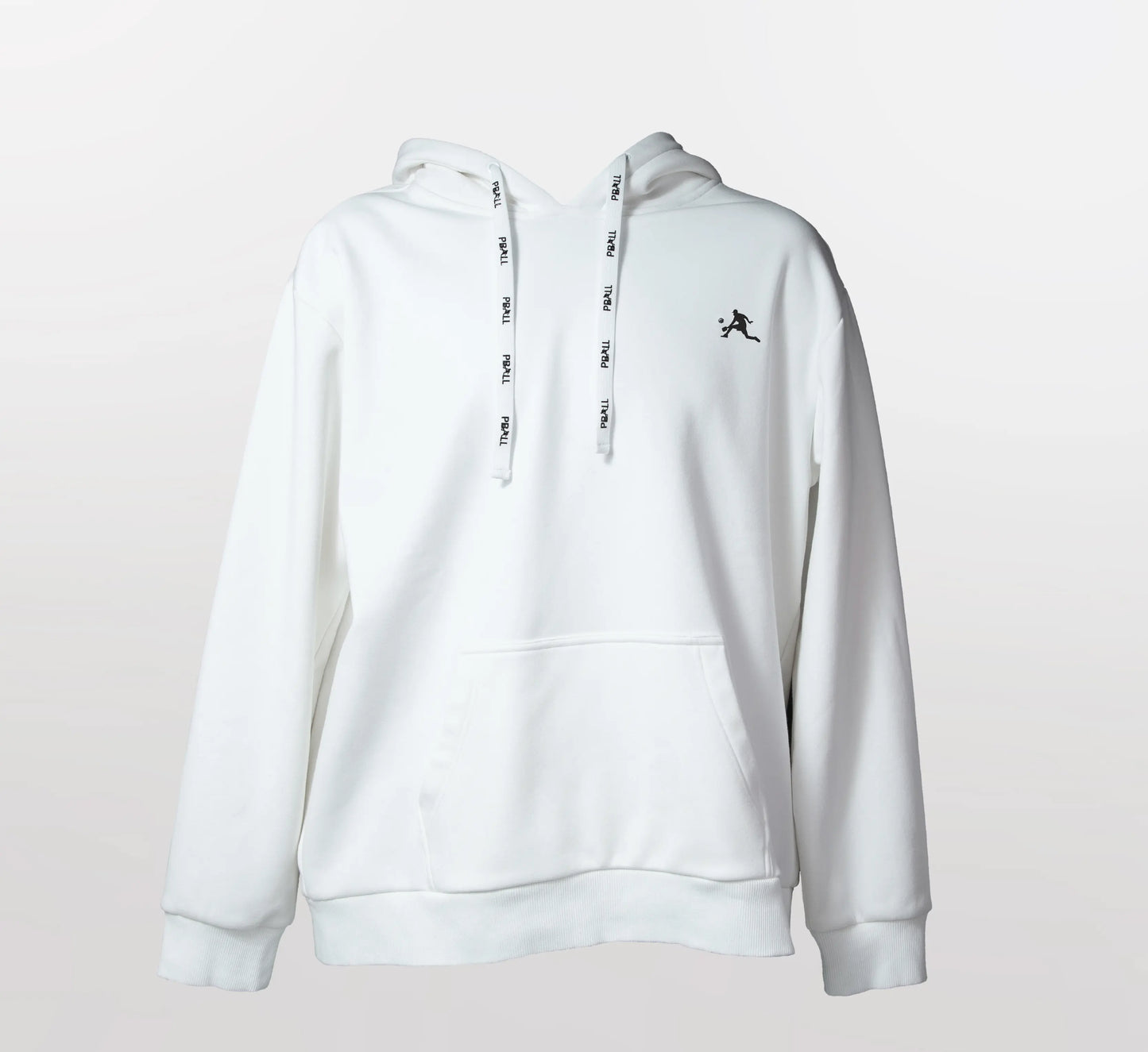 White hoodie with a small PBALL logo on a light gray background Blanc