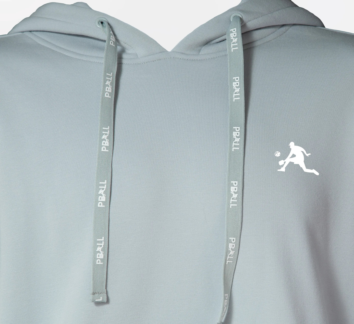 Grey hoodie with PBALL logo on a light gray background Gris
