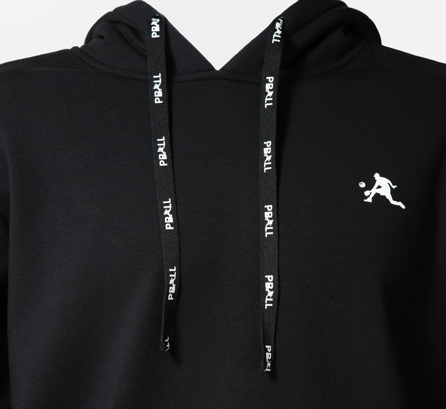Black hoodie with white logo and PRALL branding on black drawstrings against a gray background Noir