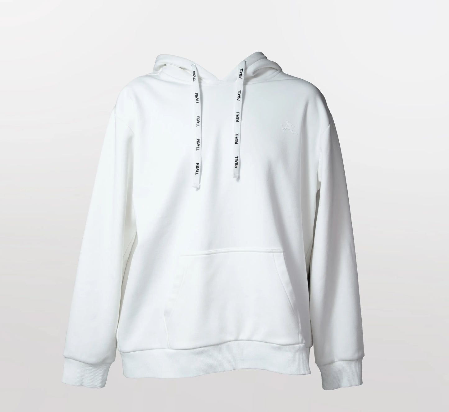 White hoodie with PBALL logo on a light background Blanc