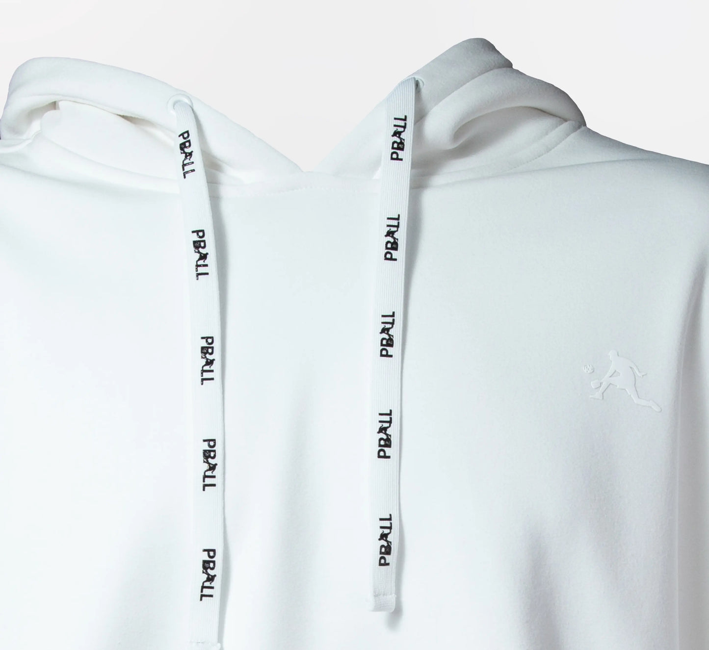 White hoodie with PBALL branding on the drawstrings against a white background Blanc