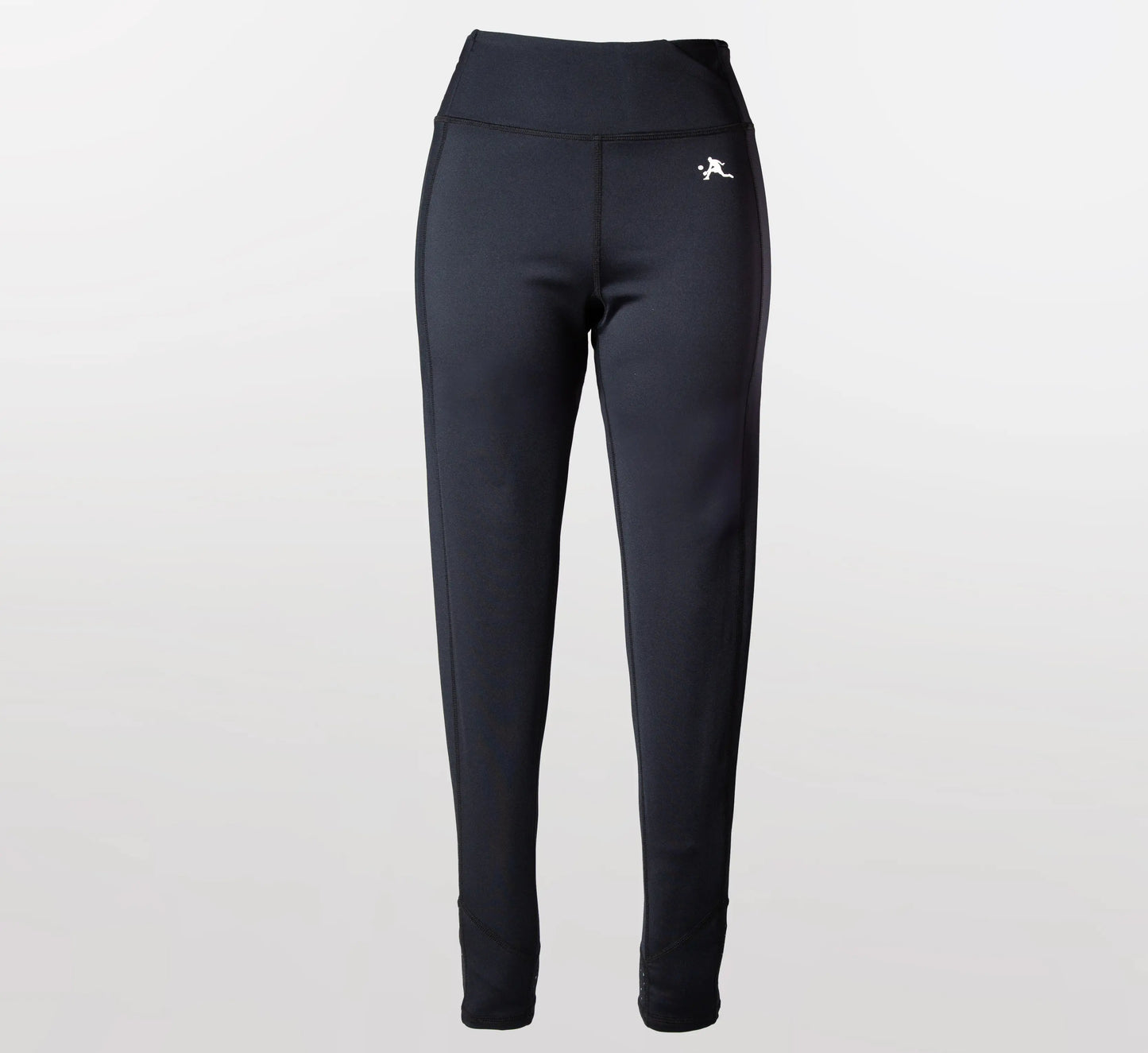Black leggings with a white logo on a light gray background