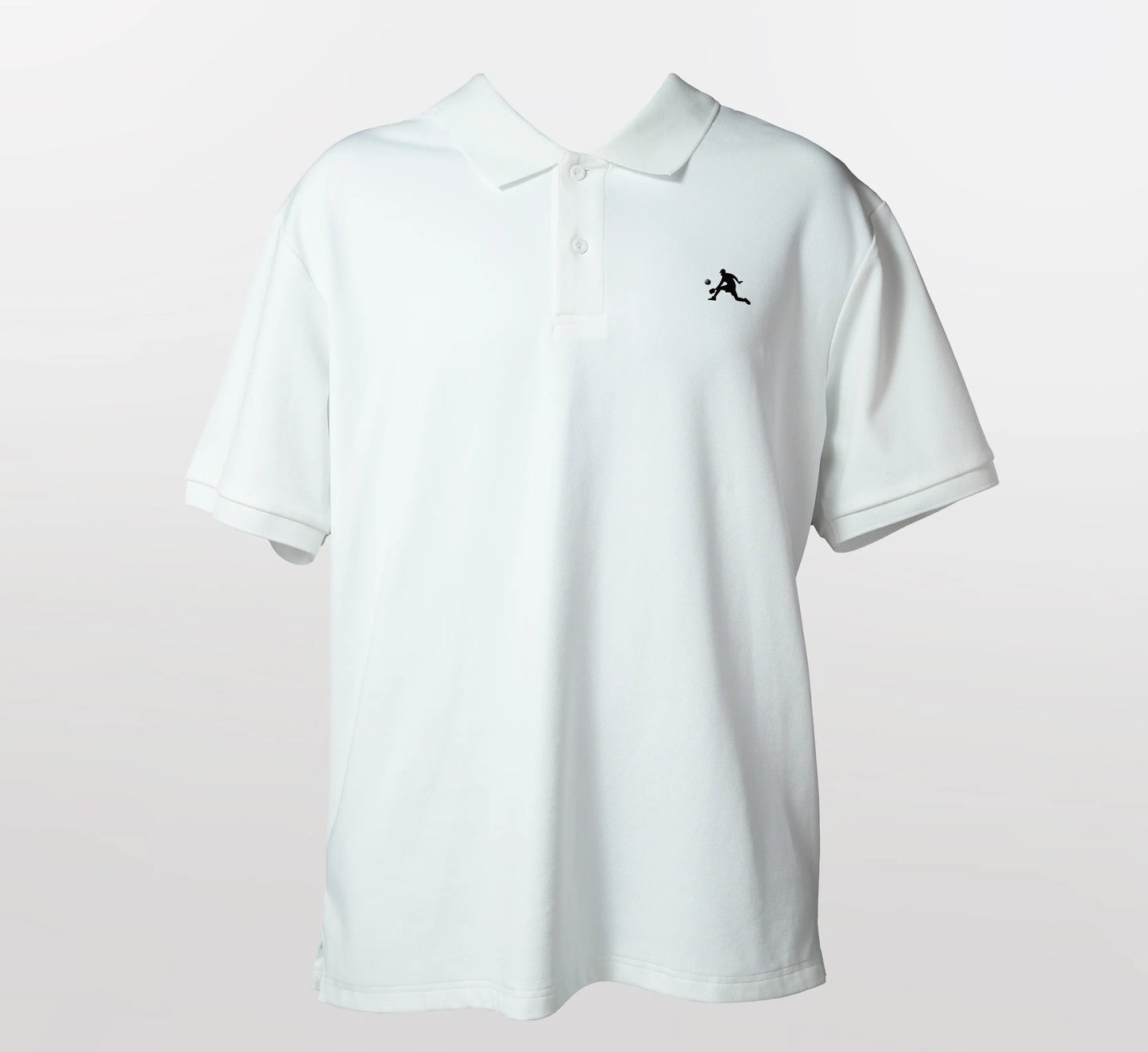 White polo shirt with a small black PBALL logo on a light gray background Blanc