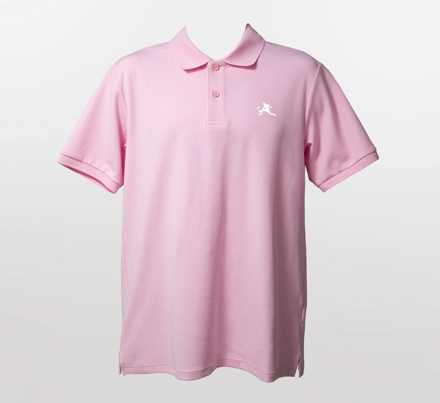 Pink polo shirt with a white logo on a light gray background Rose