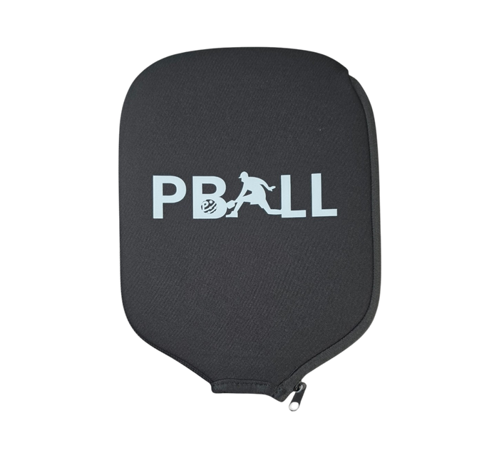 A black neoprene protective pickleball paddle cover with a white 'PBALL' logo printed on the front, featuring a zippered closure at the bottom, shown against a plain white background.