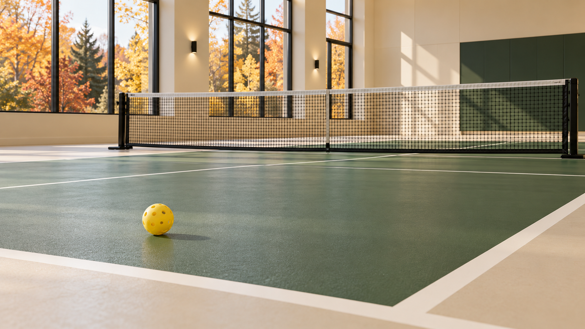     Green and cream indoor pickleball court with a net and yellow ball, lit by tall windows overlooking autumn trees.