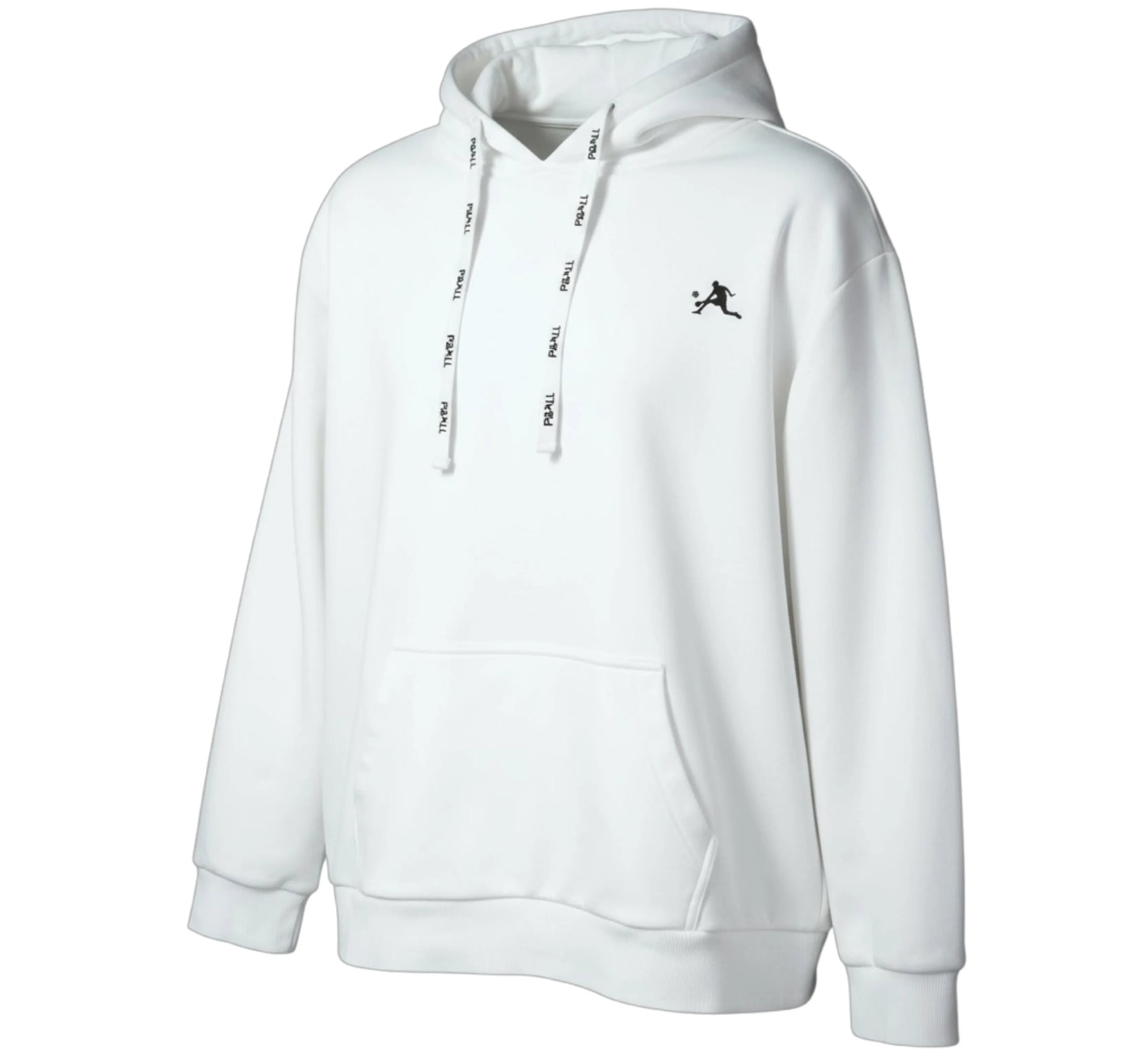 White hoodie with a small logo on a white background