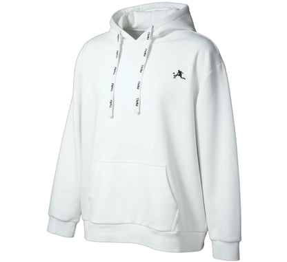 White hoodie with a small logo on a white background