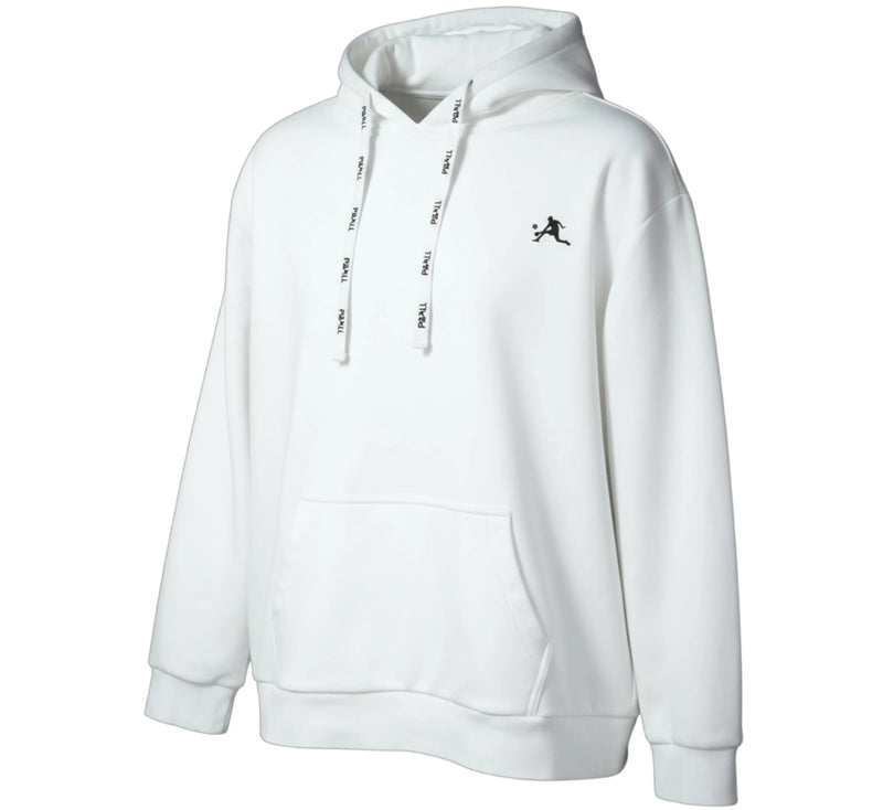 White hoodie with a small logo on a white background