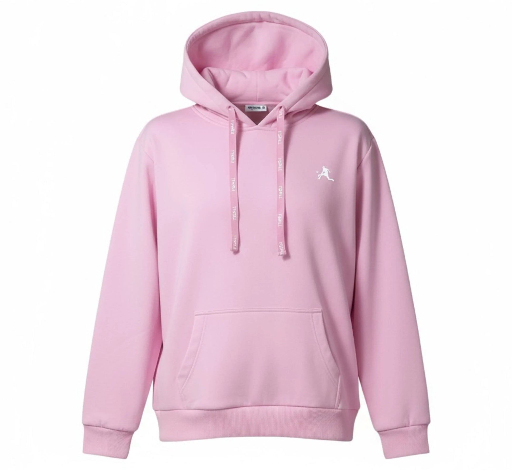Pink hoodie with a small logo on a white background