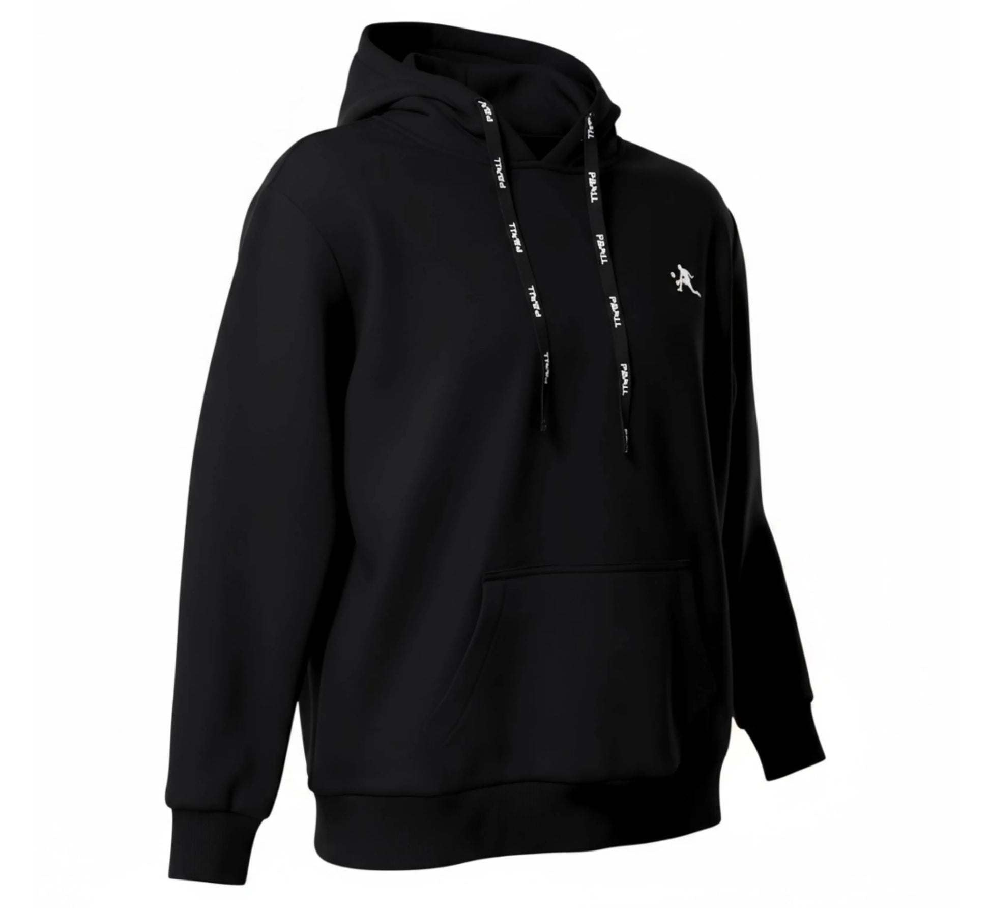 Black hoodie with white text on the hood and sleeve on a white background