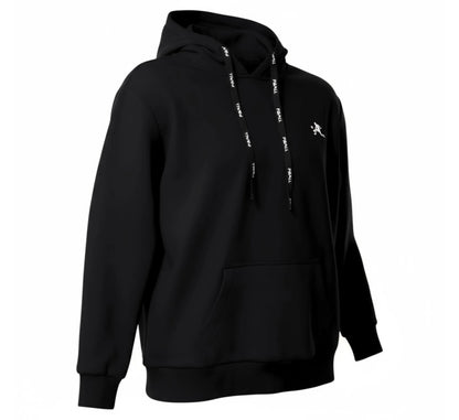 Black hoodie with white text on the hood and sleeve on a white background