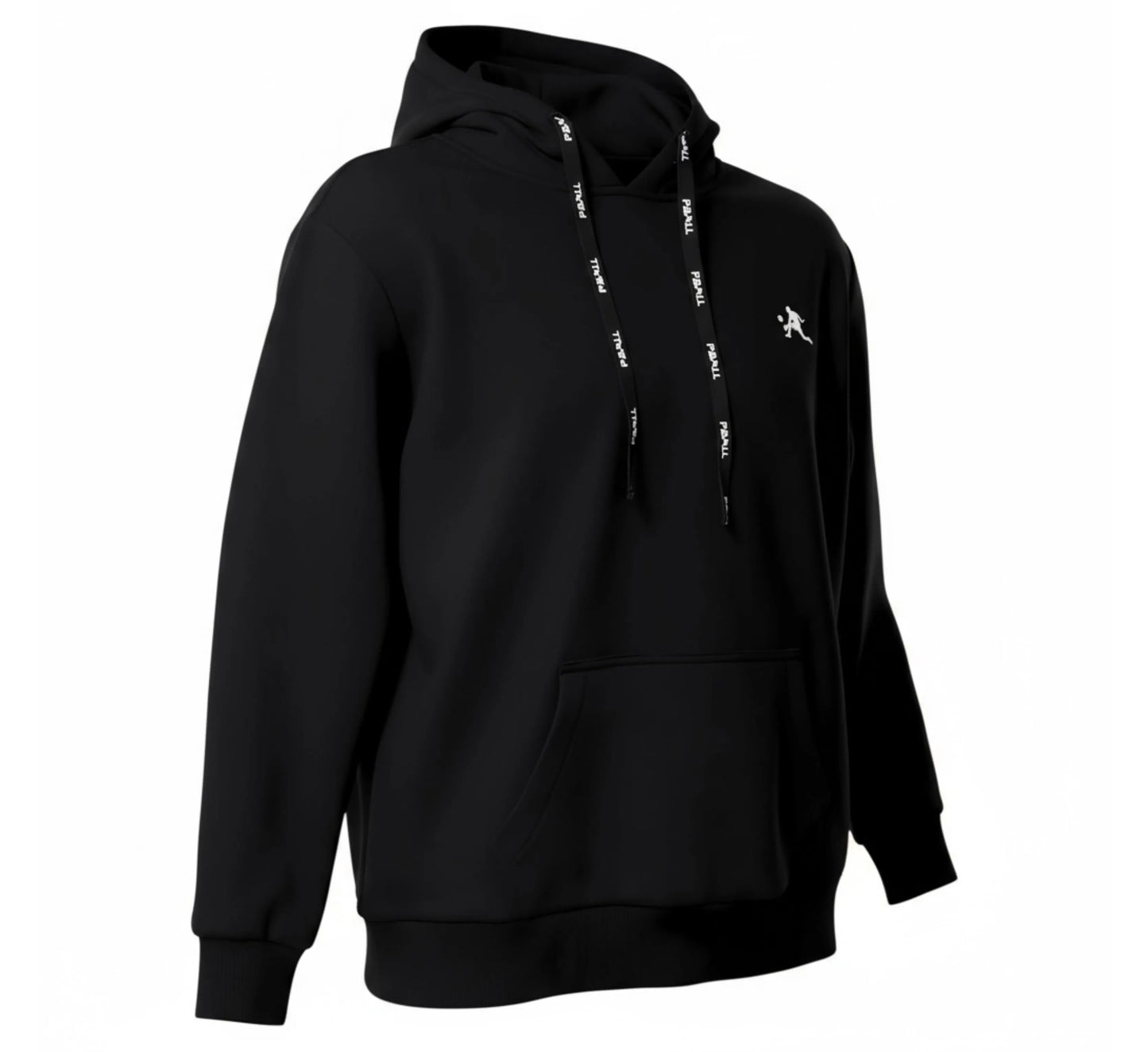 Black hoodie with white text on the hood and sleeve on a white background