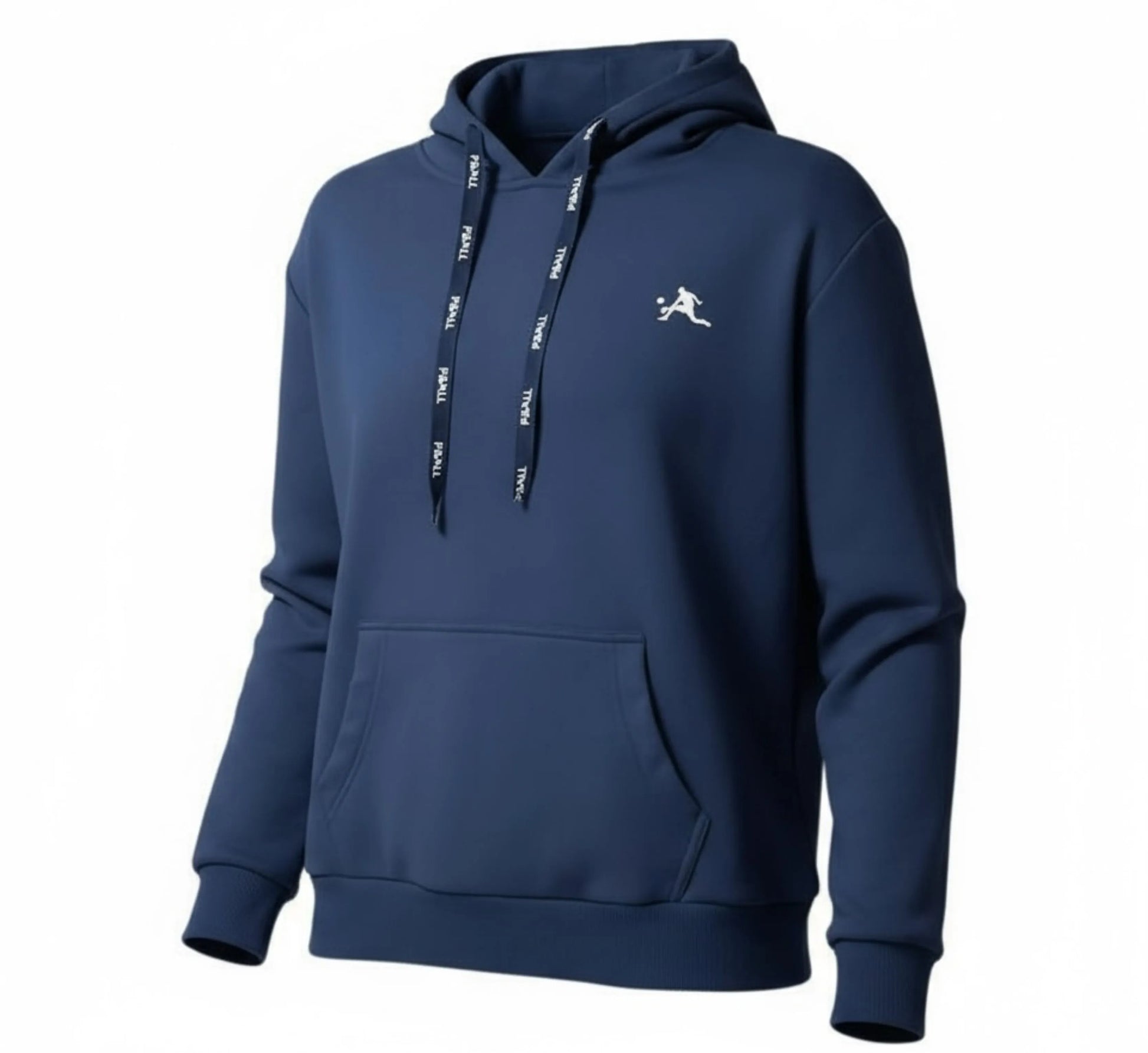Navy blue hoodie with a logo on a white background