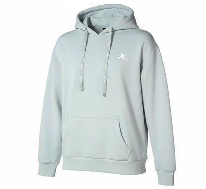 Light gray hoodie with a small logo on a white background