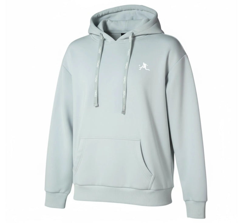 Light gray hoodie with a small logo on a white background