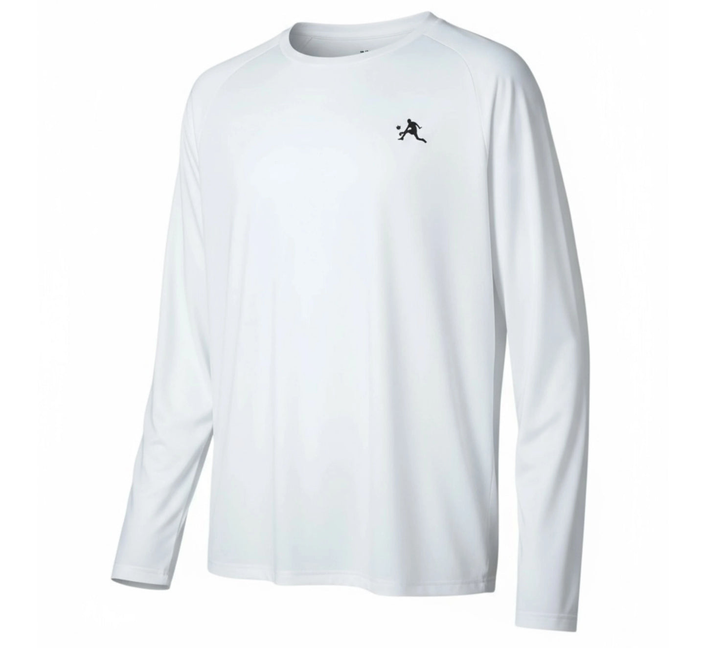 White long-sleeve shirt with a black logo on a white background