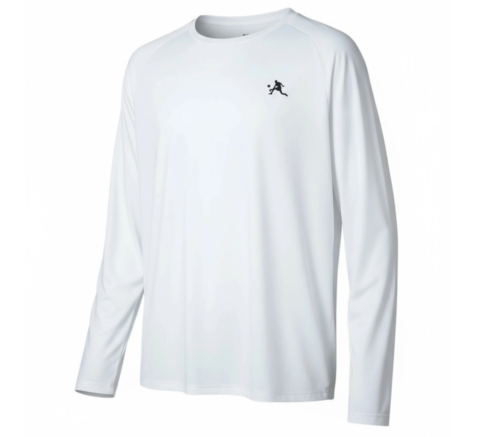 White long-sleeve shirt with a black logo on a white background