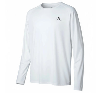 White long-sleeve shirt with a black logo on a white background