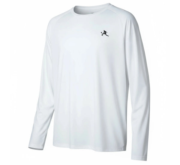 White long-sleeve shirt with a black logo on a white background