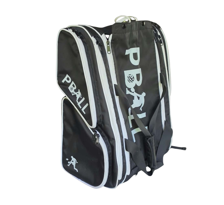 A black PBALL brand multi-pocket pickleball bag with white stripes and white branding, shown on a plain white background.