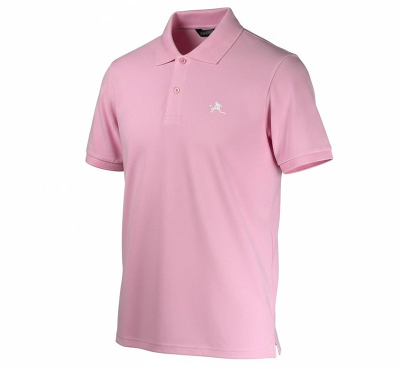 Pink polo shirt with a logo on a white background