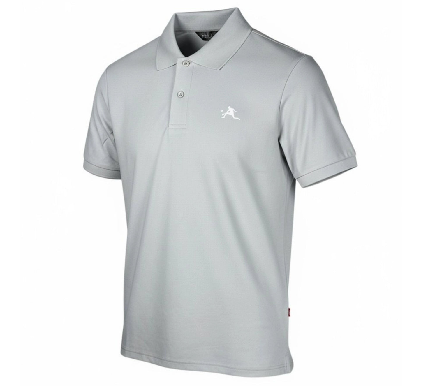 Gray polo shirt with a logo on a white background