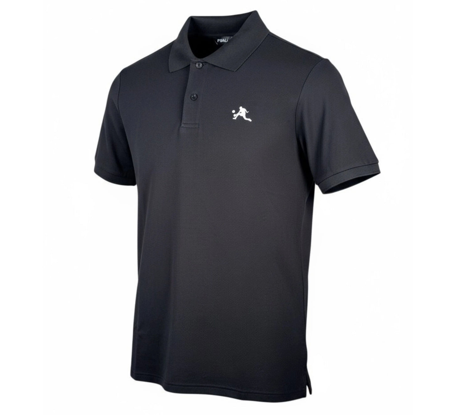 Black polo shirt with a white logo on a white background