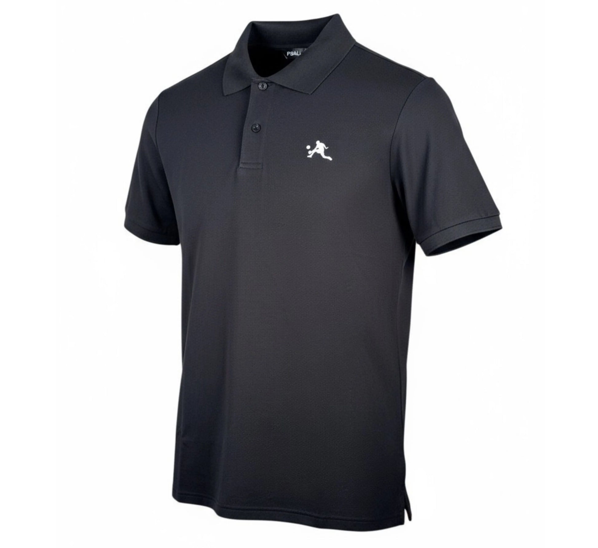 Black polo shirt with a white logo on a white background