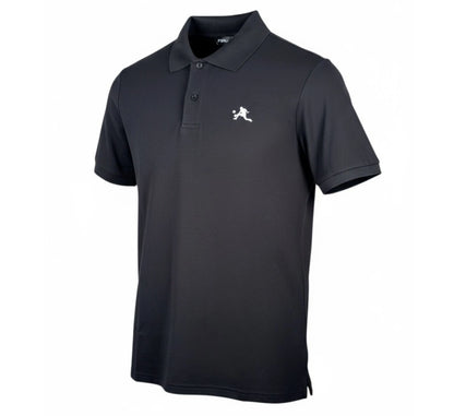 Black polo shirt with a white logo on a white background