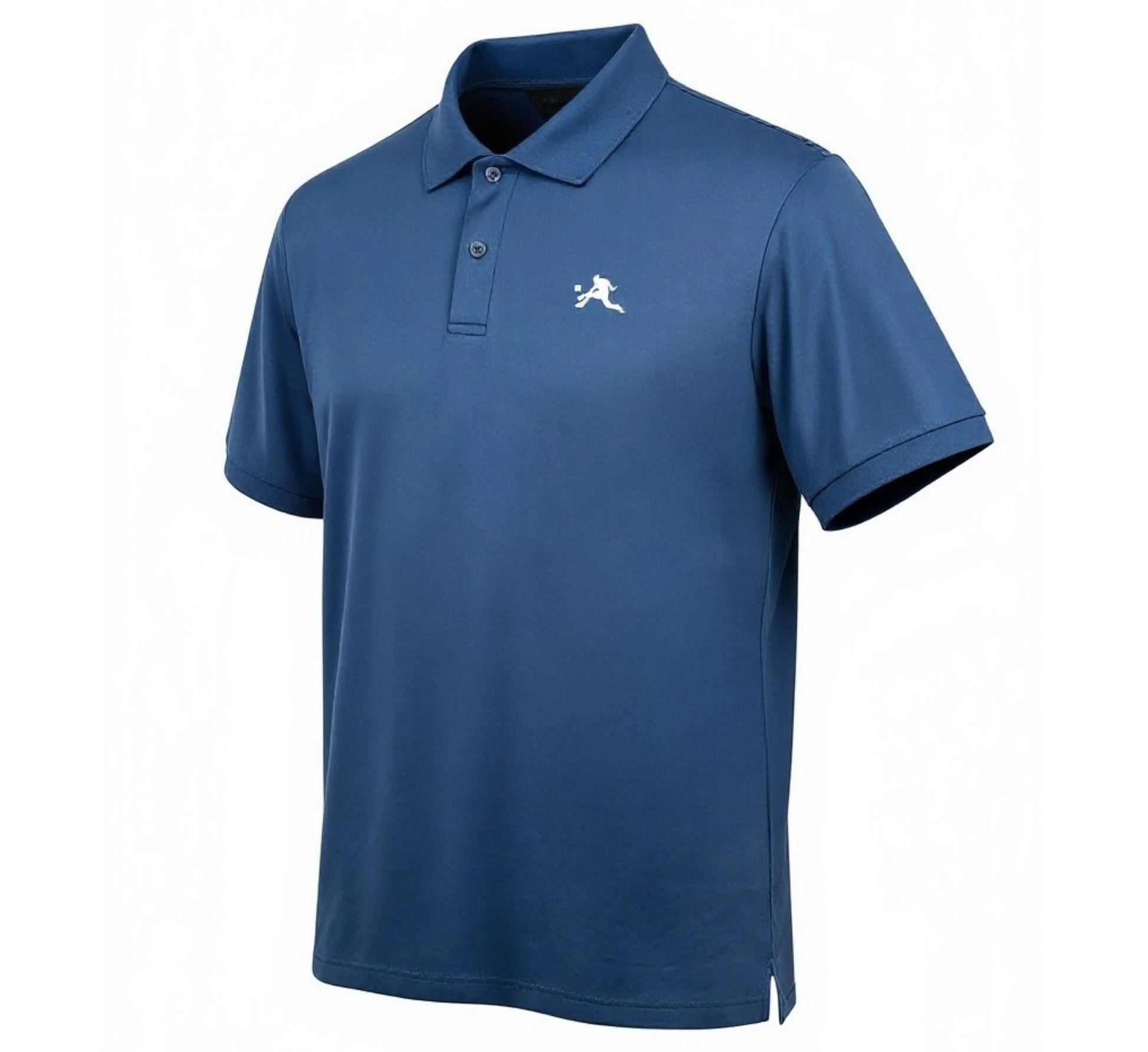 Blue polo shirt with a logo on a white background