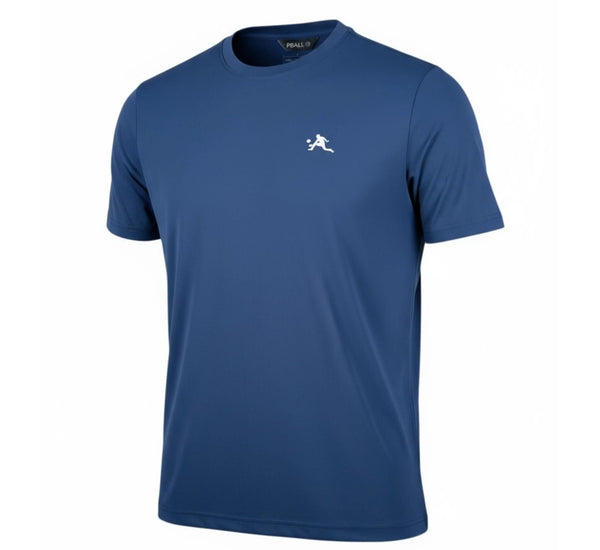 Blue t-shirt with a white logo on a white background