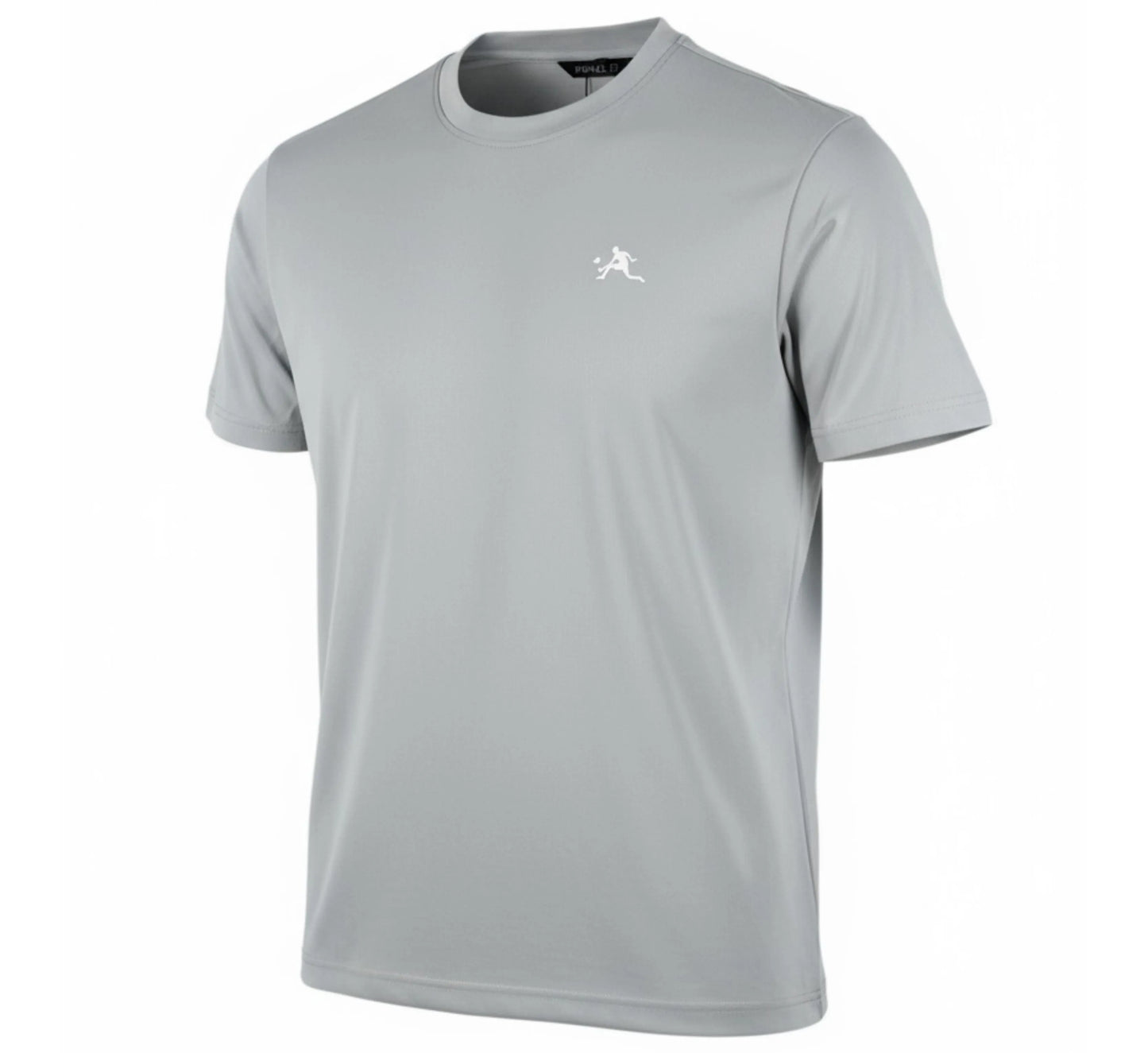 Gray t-shirt with a small logo on a white background