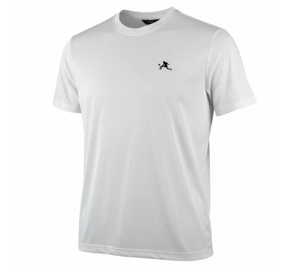 White t-shirt with a black logo on a white background