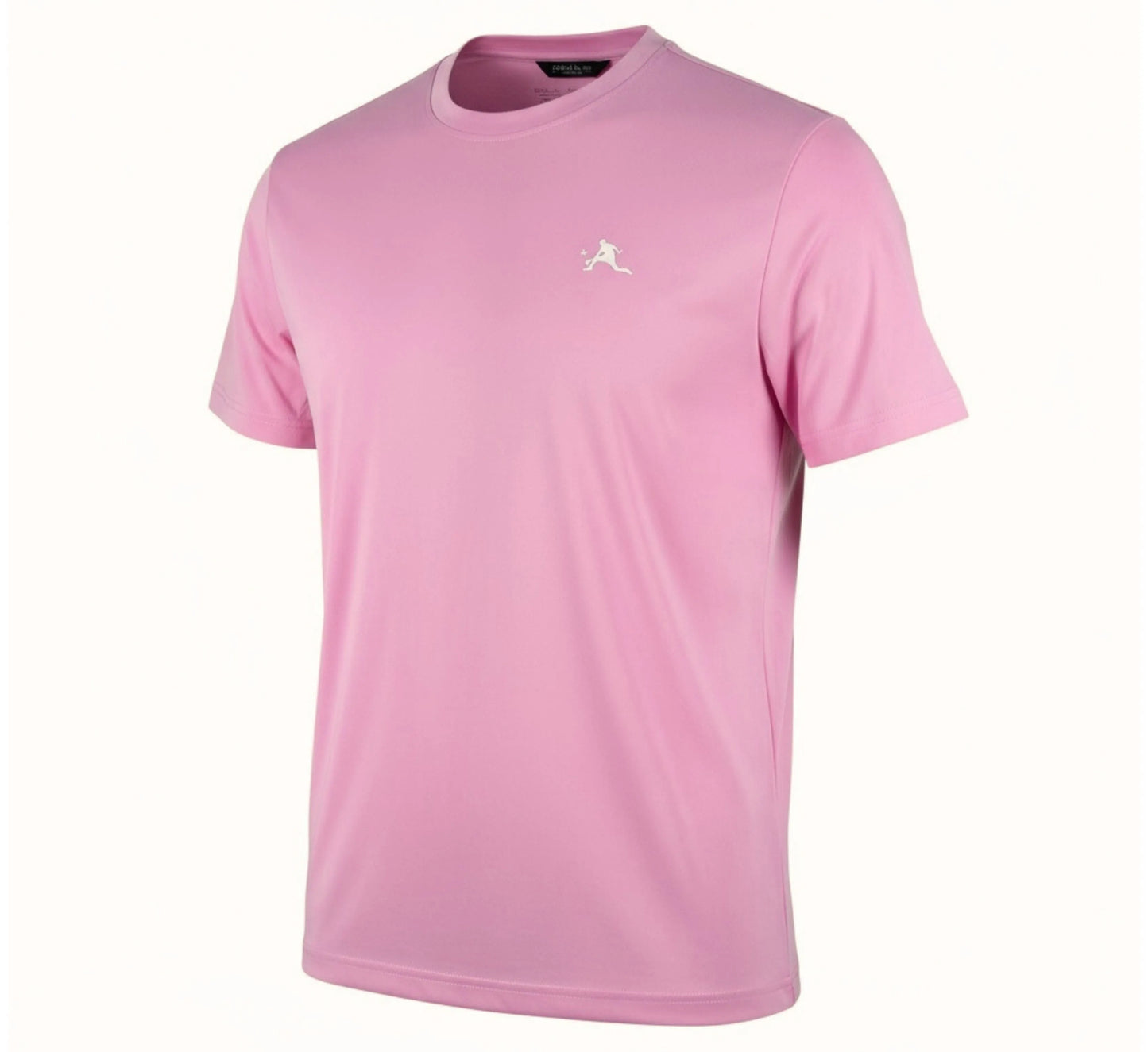 Pink t-shirt with a small logo on a white background