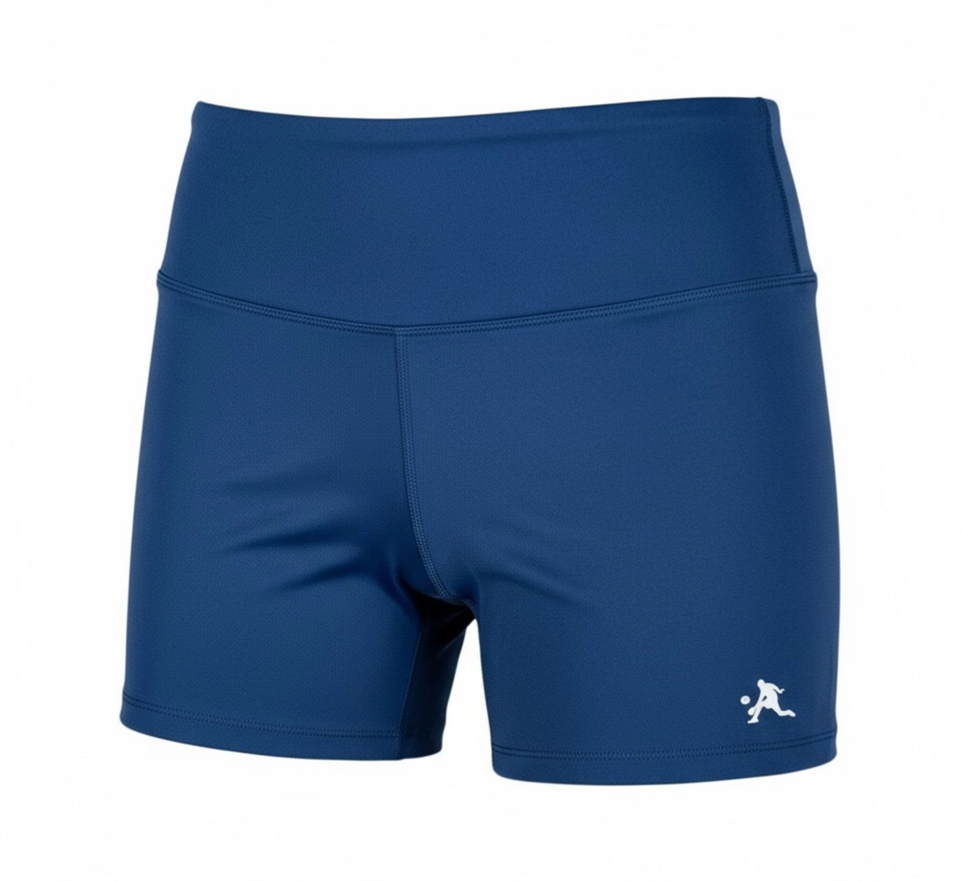 Blue athletic shorts with a small logo on a white background