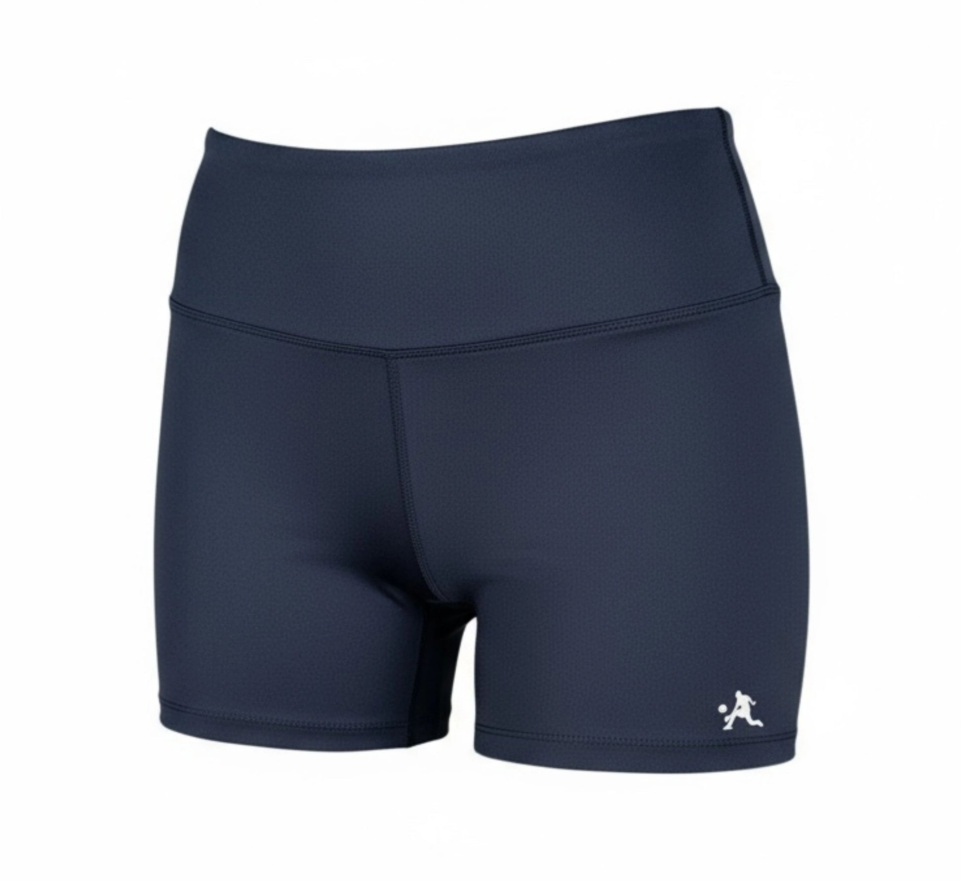 Black athletic shorts with a logo on a white background