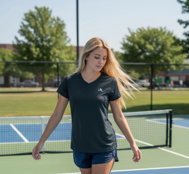 Woman on a pickleball court wearing a black t-shirt with a logo