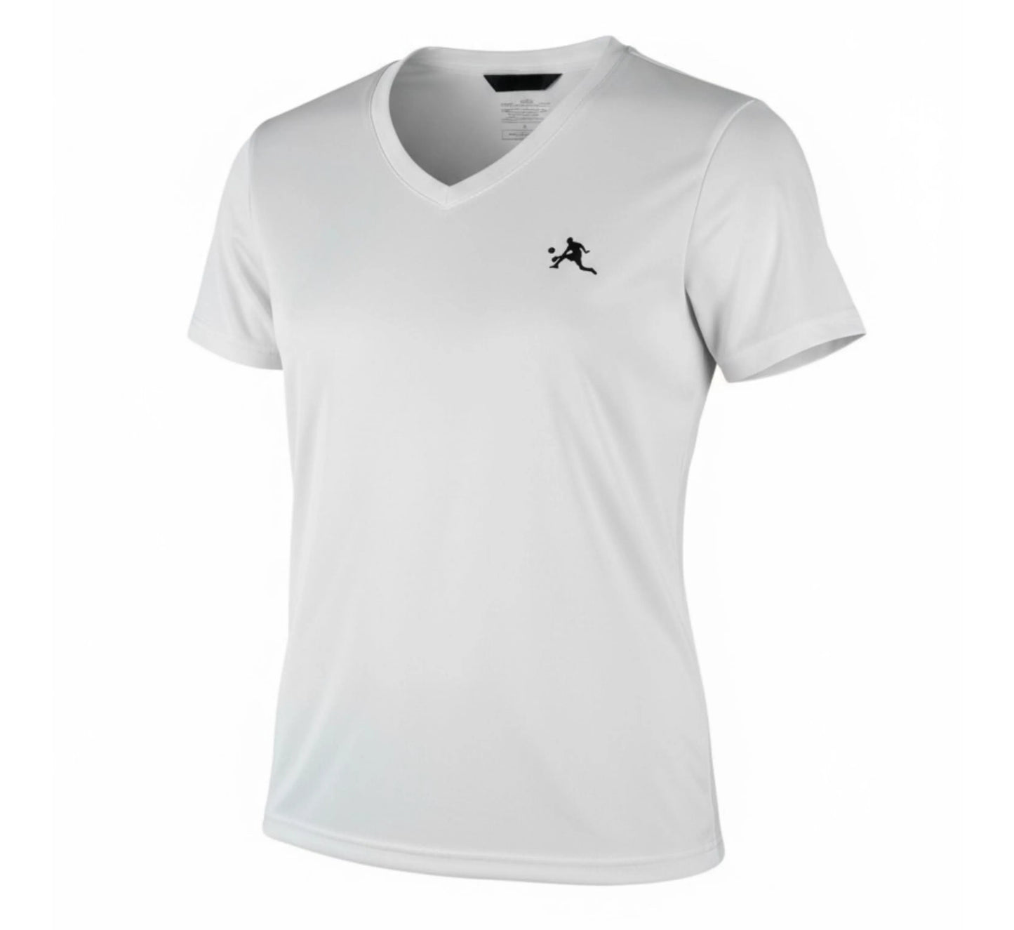 White t-shirt with a small black logo on a white background