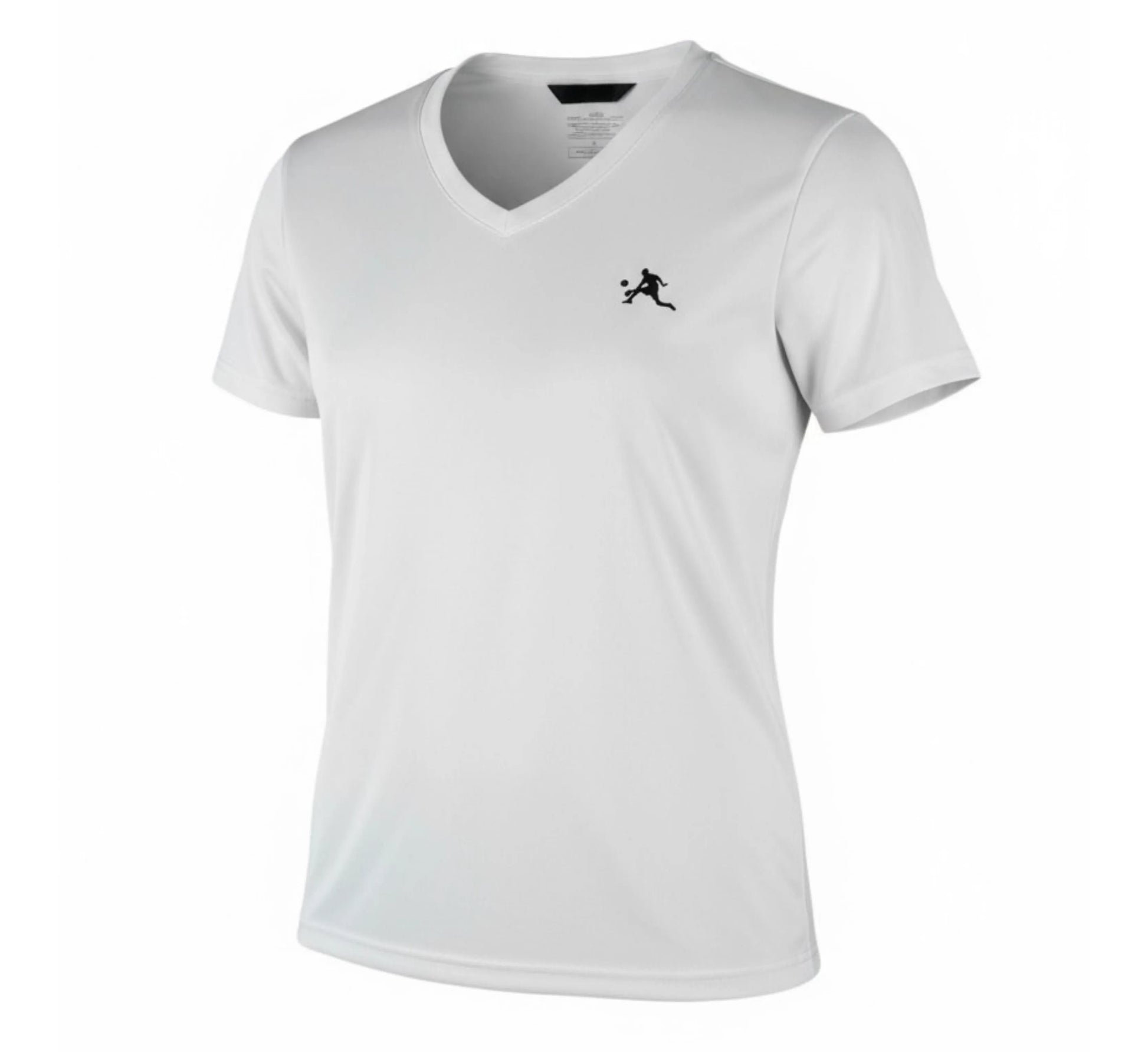 White t-shirt with a small black logo on a white background