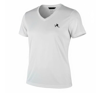 White t-shirt with a small black logo on a white background