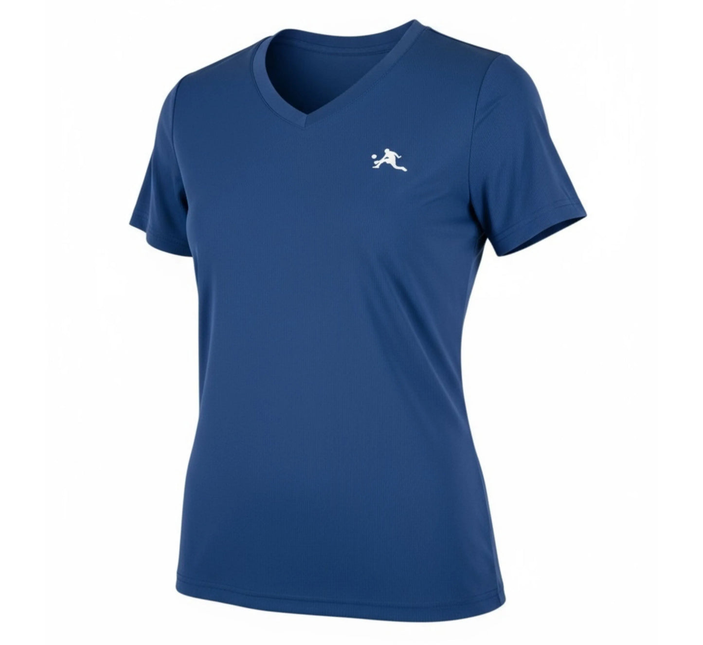 Blue t-shirt with a white logo on a white background