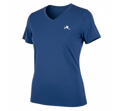 Blue t-shirt with a white logo on a white background