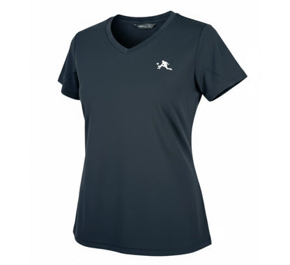 Black t-shirt with a white logo on a white background