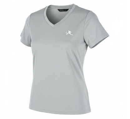 Gray t-shirt with a logo on a white background